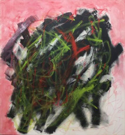 Abstract painting with a central figure made of many lines in varying thicknesses and colors including black, green and red against a pink and white background.